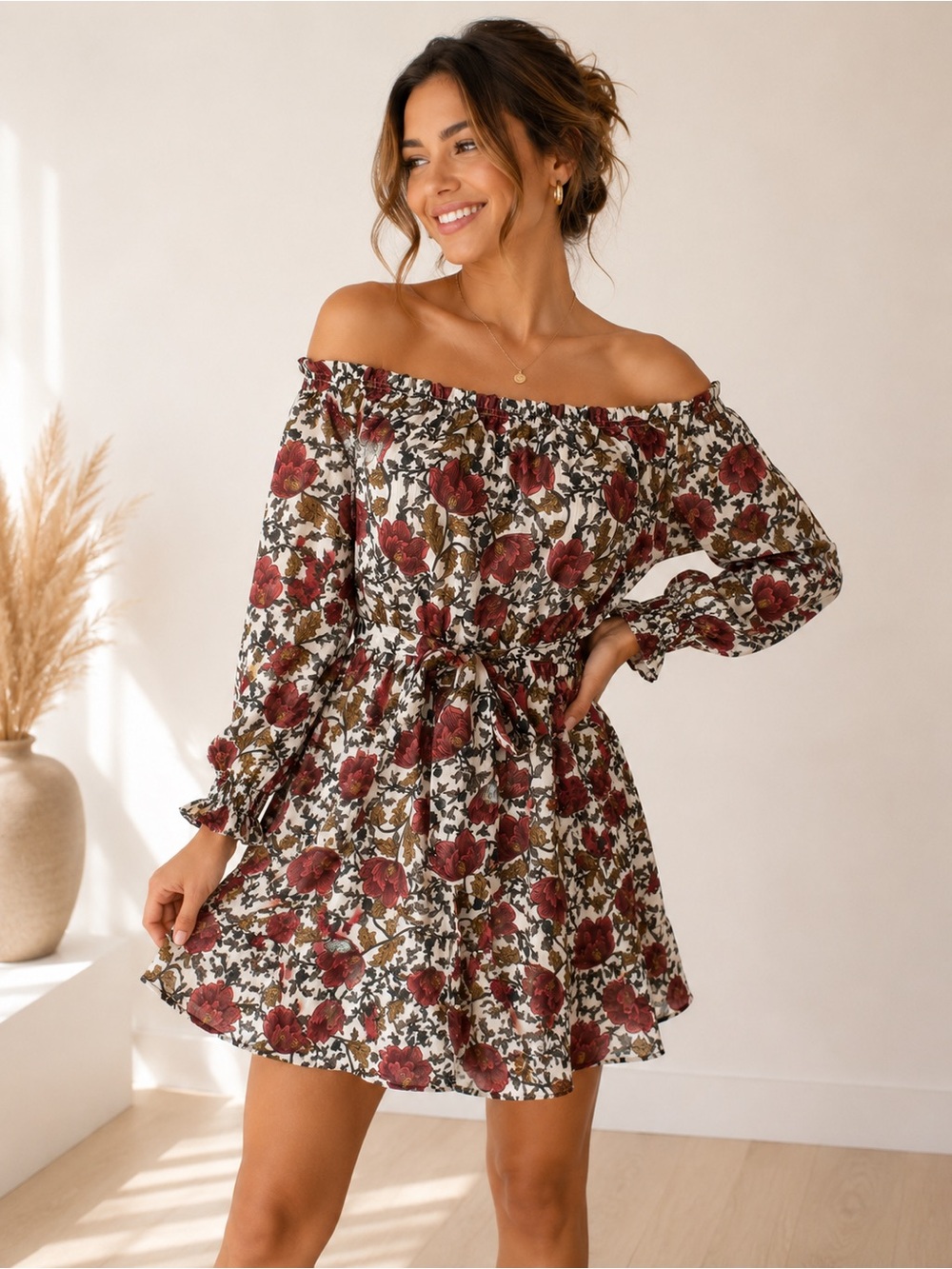 Off-Shoulder Floral Mini Dress in Burgundy and Cream